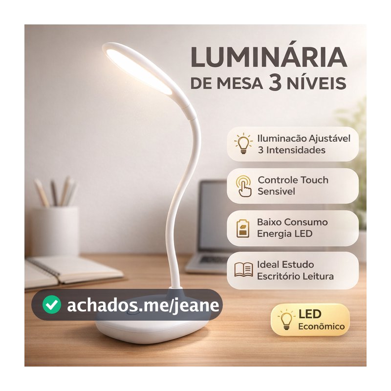 Luminaria Mesa LED Recarregavel USB Abajur Flexivel 3 Niveis Luz 14 LEDs Ajustavel Portatil