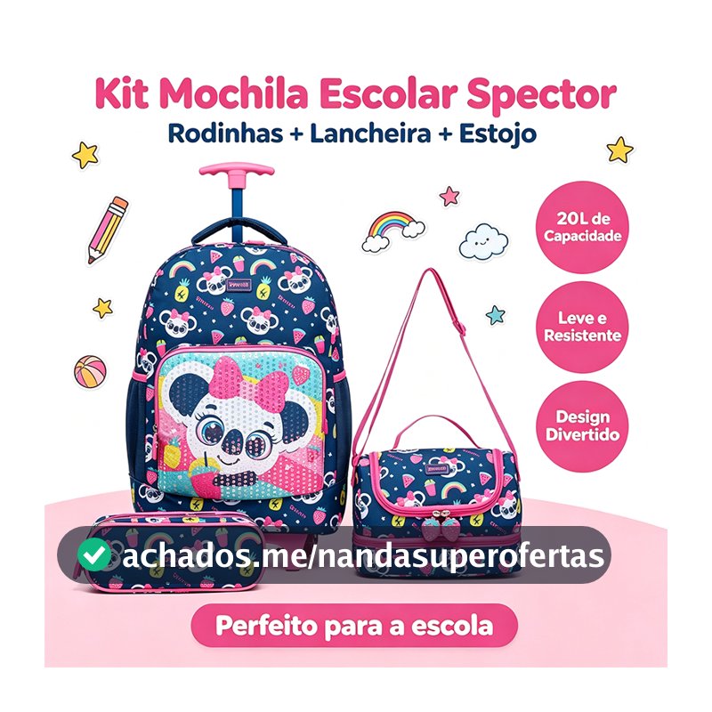 Spector Kit Completo Mochila Rodinhas Lancheira Estojo Panda Escolar Menina Infantil