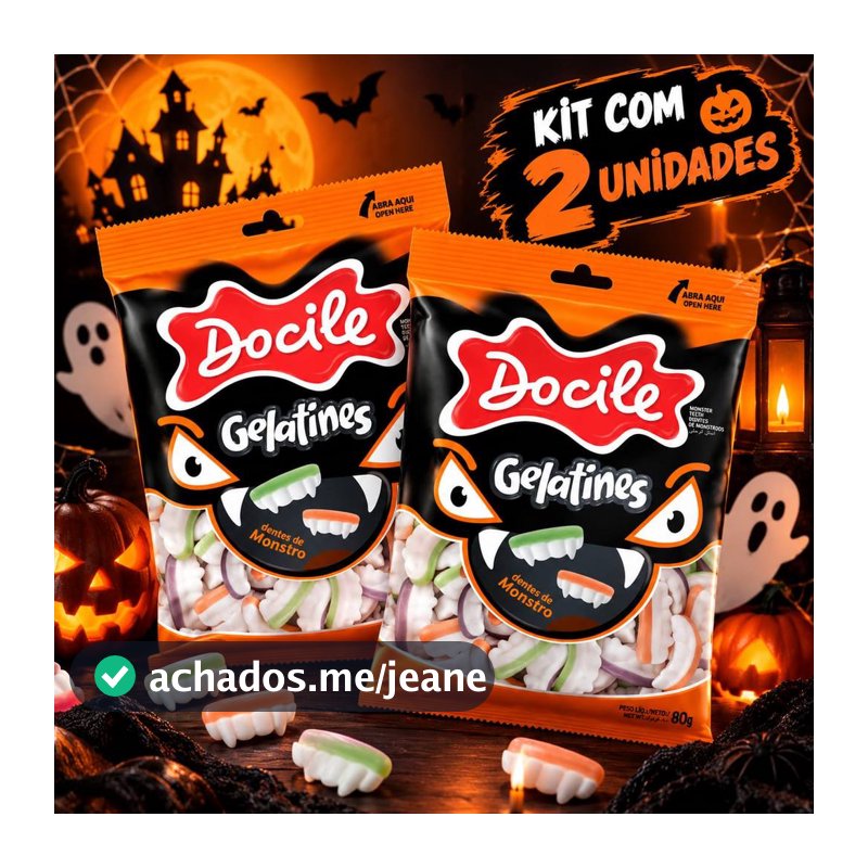 Kit Com 2 Unidades Bala de Gelatina Halloween Dentes de Monstro Docile 80g