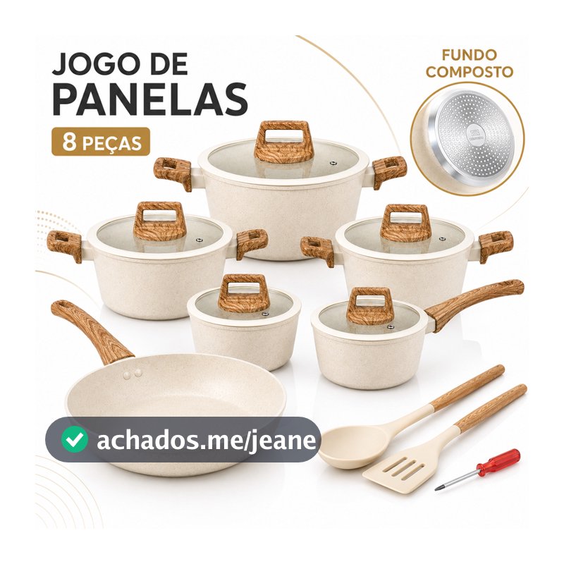 Jogo de Panelas Antiaderente 8 Peças Alumínio 2,3mm Creme Fundo Composto Indução Gás com Tampas de Vidro e Utensílios