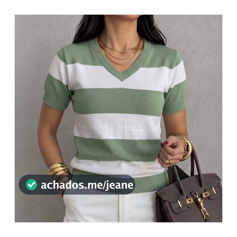 Blusa Feminina Listrada Casual Gola V Com Manga Curta Moda Trico Tendência 2026 Super Fresca e Leve