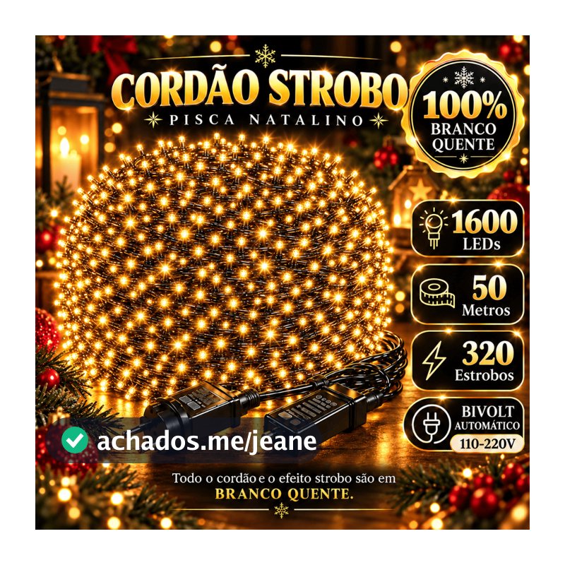 Cordão Strobo Natal 50 Metros Bivolt 1600 Leds Pisca Pisca Prova D'Água Luz Led Branco Quente 320 Flash