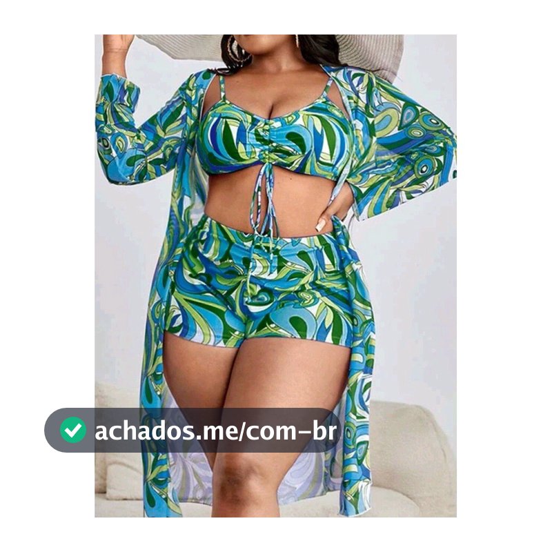 Conjunto Praia Três Peças Plus Size Blusa Manga Comprida Shorts Cintura Alta Biquíni Estampado