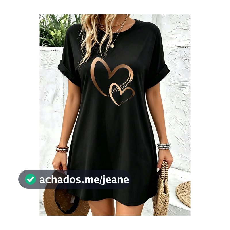 Vestido Camisetão Feminino Oversized Estampa Coração Duplo Gola Redonda Manga Curta Soltinho Lazer Passeio Verão
