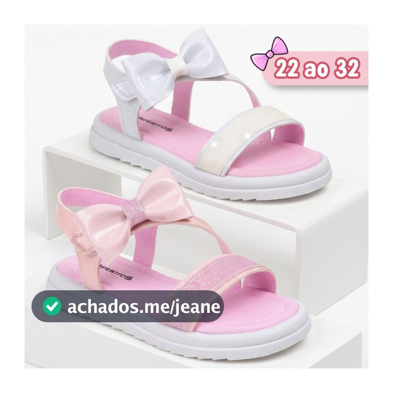 Sandália Infantil Menina Laço Rosa e Branca Glitter Leve e Confortável Tamanho 22 ao 32