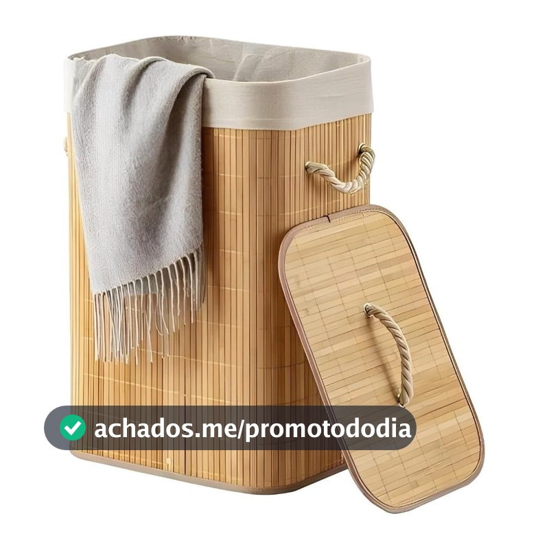 Cesto De Roupa Suja Bambu Dobravel Organizador 72L Forrado Banheiro 60cm Grande Cesto Retangular