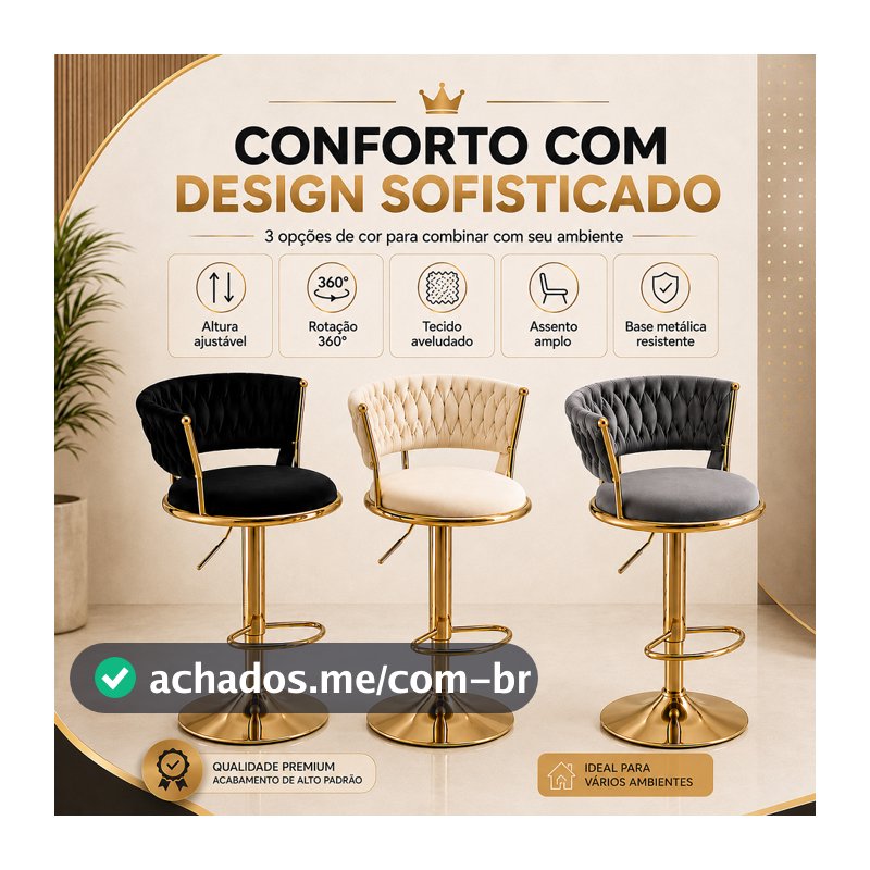 Banqueta Alta Para Cozinha E Balcão, Design Trançado, Base Metálica Dourada, Rotação Completa E Regulagem De Altura