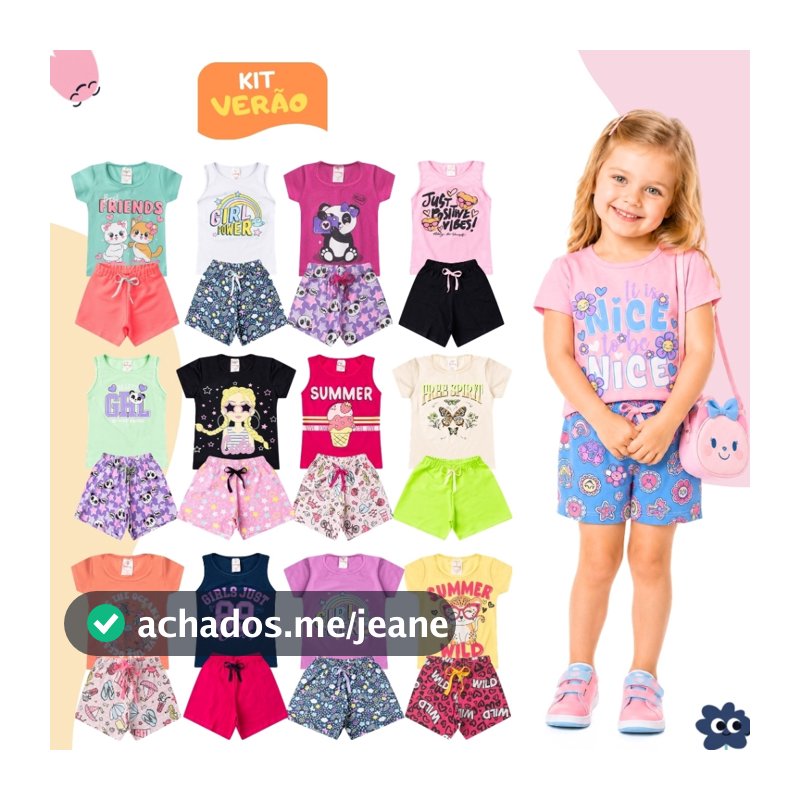 Combo 10 Peças Roupa Infantil Menina Algodão Verão Conjunto Feminino 5 Camisetas + 5 Shorts
