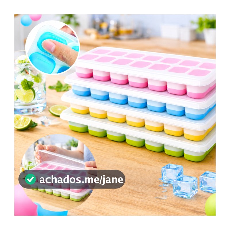Kit 4 Formas de Gelo Silicone 14 Cubos com Tampa Rígida Fundo Flexível Desenforma Fácil Freezer