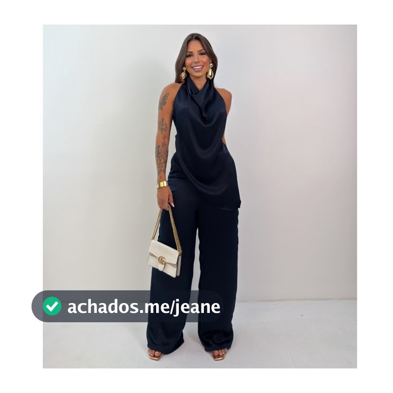 Conjunto Feminino Cetim Premium Calça Fluida e Bata Assimétrica Frente Única