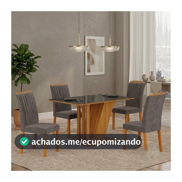 Conjunto Sala de Jantar Mesa Tampo Vidro/MDP com 4 Cadeiras Miami Yescasa Freijó/Chumbo Freijó/Chumbo