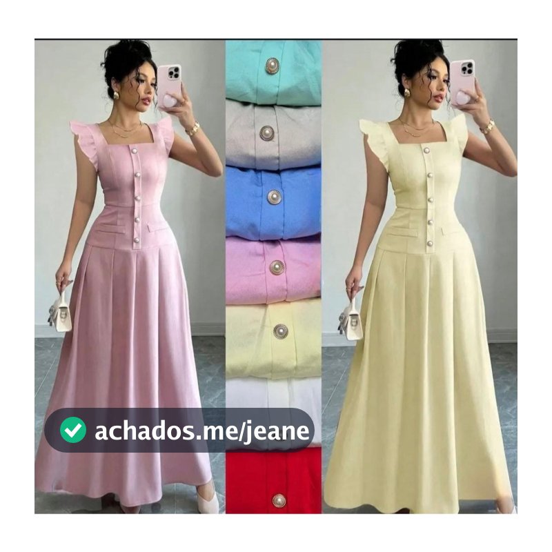 Vestido Longo Feminino Elegante Rodado com Botões Bojo Elástico nas Costas Bolsos Decorativos Festa Casual