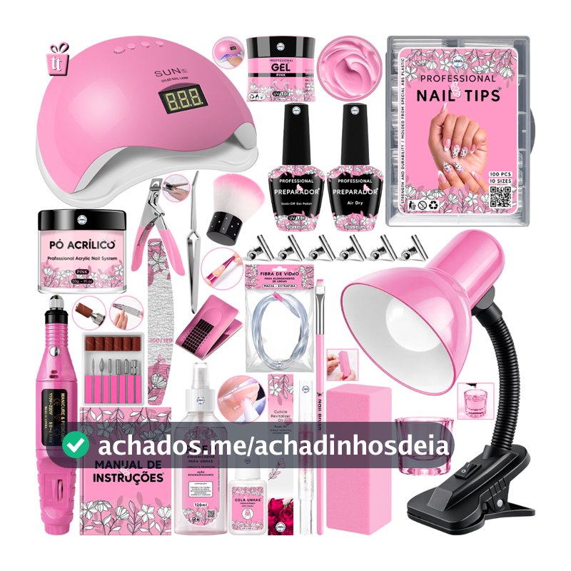 Kit Unha Gel Completo Cabine Sun 5  ou Sun one 48W Lixadeira Caneta Pedicure e Manicure Extensão Unhas Porcelana Acrigel