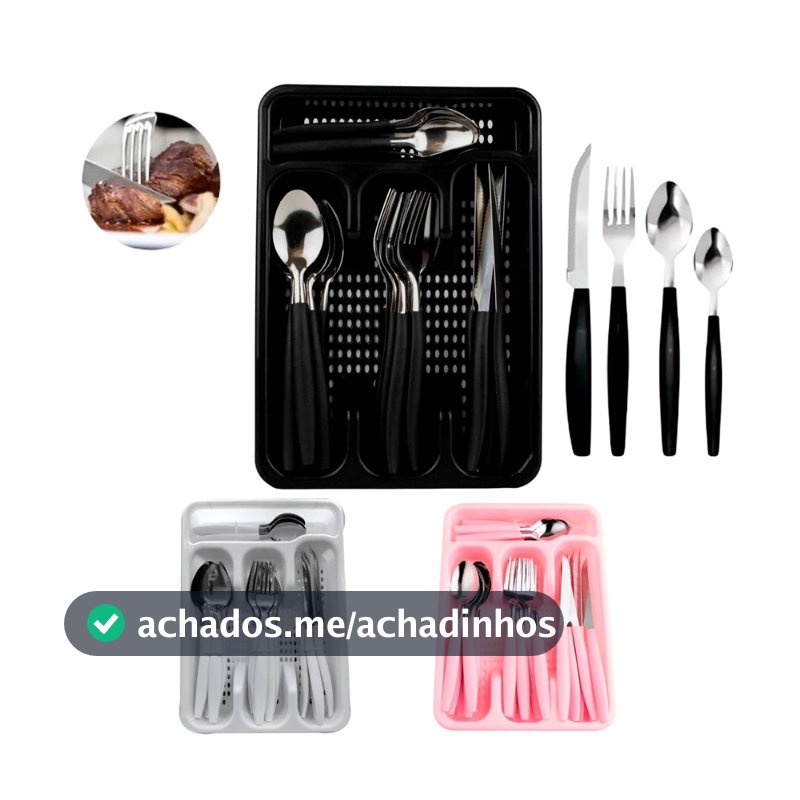 Jogo De Talheres inox Faqueiro Porta Talher Com 25 Peças Preto Branco E Rosa Oliver Home