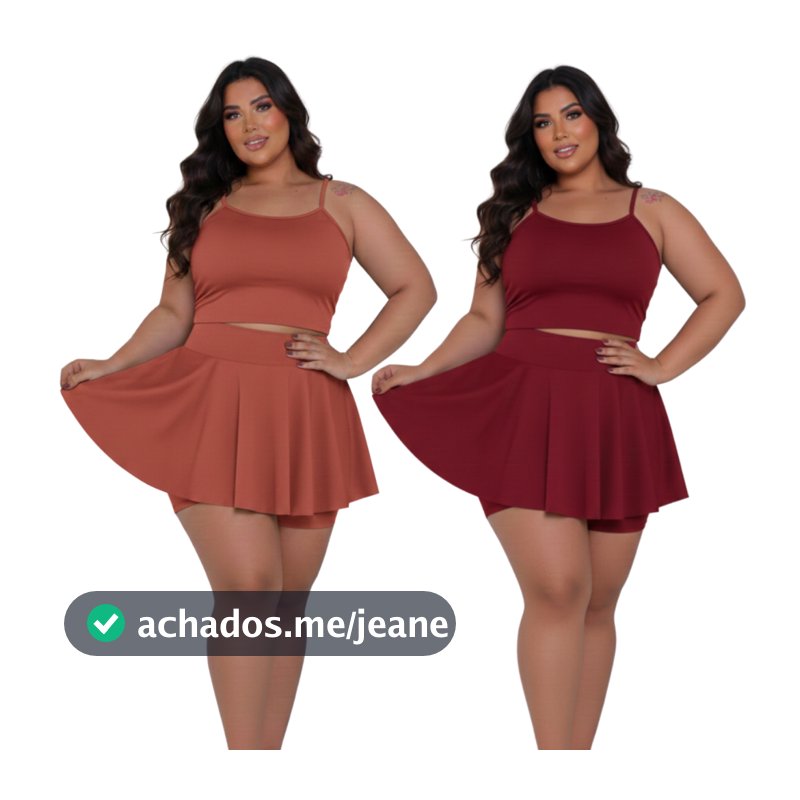 Kit 2 Conjuntos Feminino Plus Size Cropped Alcinha e Saia Short Rodada Moda Verão Casual Confortável do GG aoG3 Academia