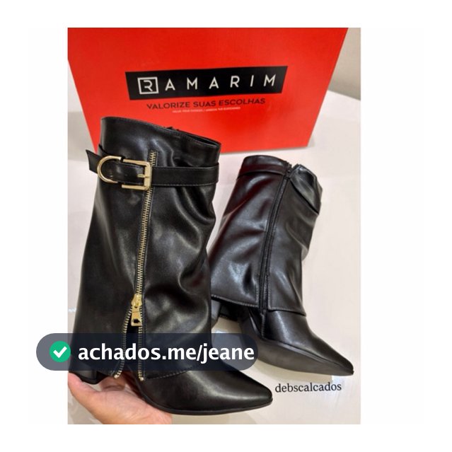 Bota Ramarim Feminina Salto Com Fivela Dourada Zíper Moda Lapela Cano Médio Bico Fino Original 2658131