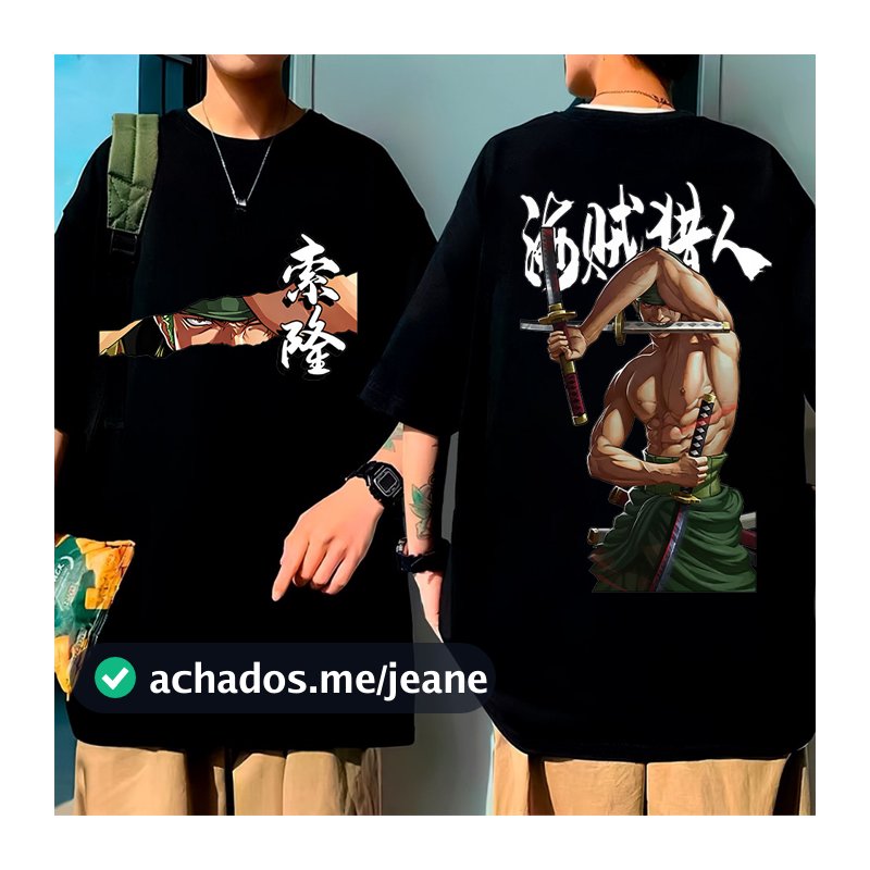 Camiseta Oversized Unissex Preta de Algodão, Alta Qualidade, Estampa One Piece Roronoa Zoro