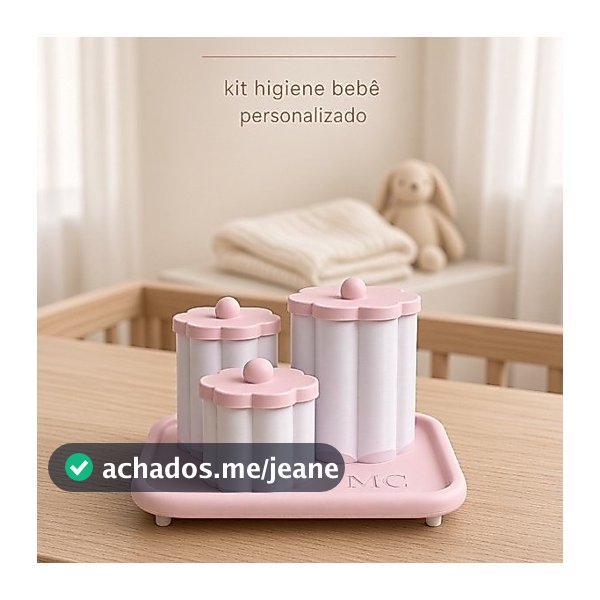 Kit Higiene Bebê Quarto Menina Rosa com Bandeja e 3 Potes Kit Organizador Maternidade