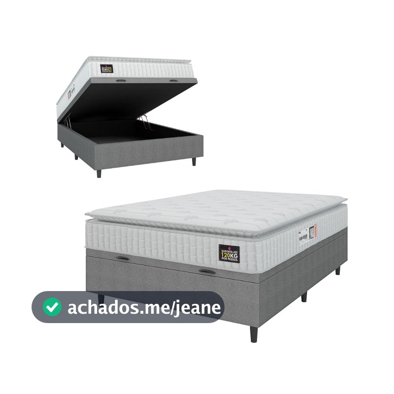 Cama Box Baú Colchão Casal Espuma D33 Vangogh Pillow Top 138x188x70cm Branco / Cinza Hellen