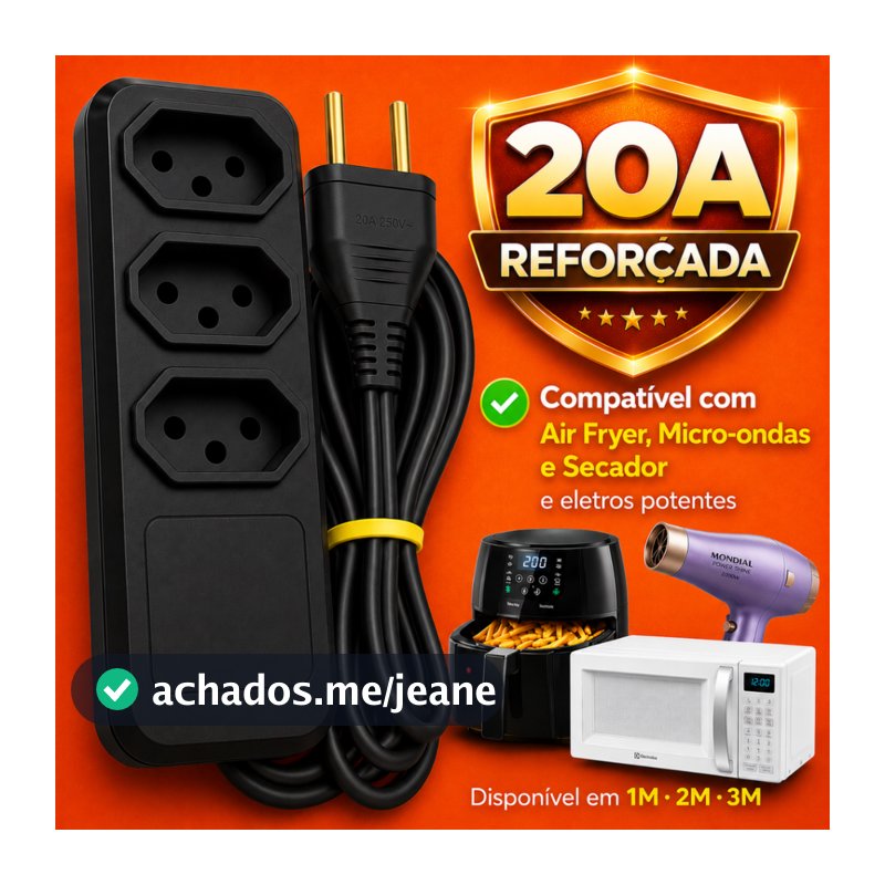 Extensão Elétrica 20A 3 Tomadas Bivolt 110 / 220 V Para Airfryer Micro-ondas Secador 1M 2M 3 Metros
