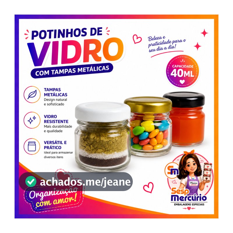 Kit Mini Potinhos De Vidros 40ml Tampas Metálicas Lembrancinhas Casamento Aniversário Chá de Bebe