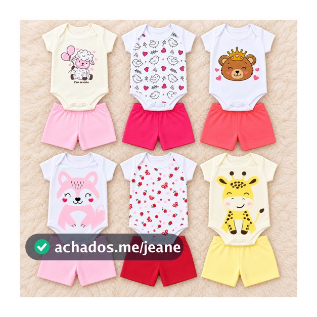Kit 6 Peças Roupa de Bebê Menina 100% Algodão (3 Body Manga Curta + 3 Shorts) Sortido P ao GG