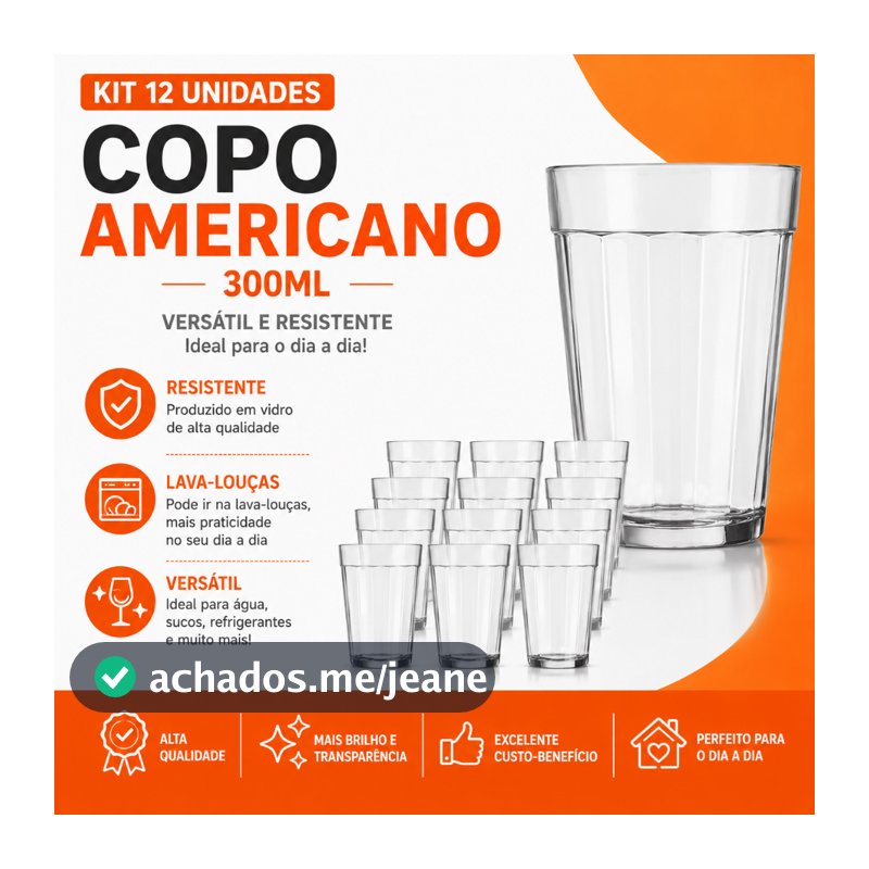 Copo Americano Vidro Copo De Vidro 300ml Copo Americano Long Drink Grande 300ml kit  12 Unidades