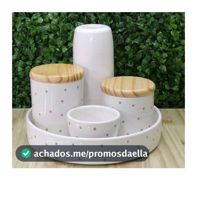 kit Higiene Bebe de  Cerâmica Branco off White com Poá Bege Tampa Pinus e Garrafa Térmica Mini Branca