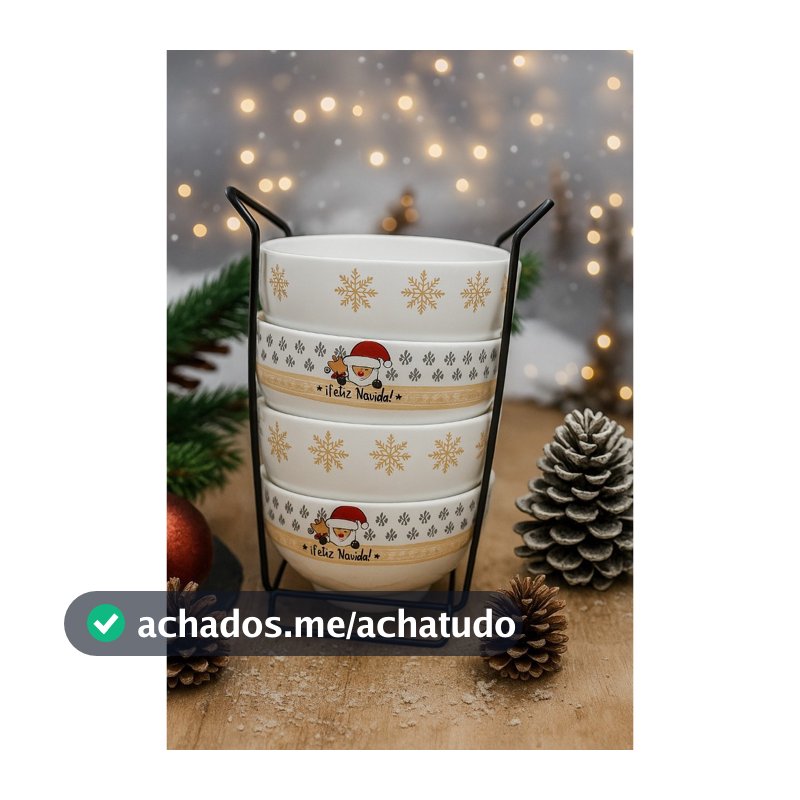 Jogo 4 Tigelas Cumbucas Bowl Açaí Sopa Porcelana 350ml + Suporte Flocos de Neve Natal