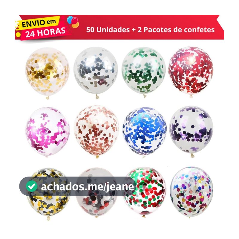 Kit 50 Balões Bexiga Latex Cristal + 2 Pacotes de Confetes Metalizados - Decoração Aniversário