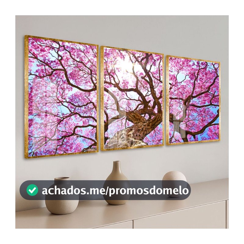 Kit Três Quadros Decorativos Árvore Ipê Rosa Exuberante Galhos Decoração Quarto Sala Escritório