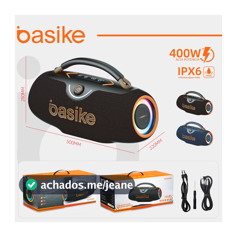 Basike Caixa de Som 400W Bluetooth V5.3 IPX6 com Power Bank Boombox 30,000mah RAD321