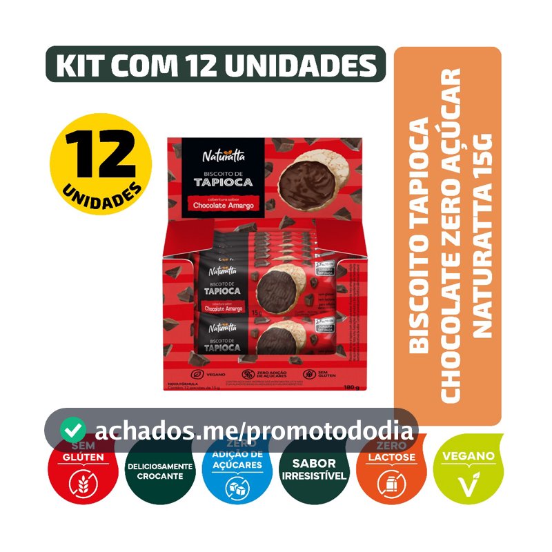 Biscoito Tapioca Chocolate Zero Açúcar Vegano Naturatta 15G - Kit 12 Unidades