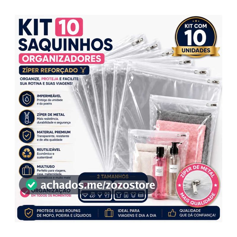 Kit 10 Saquinhos Organizadores P e M Com Zíper Multiuso Envelope Maternidade/Guarda Roupas/Mala De Viagem