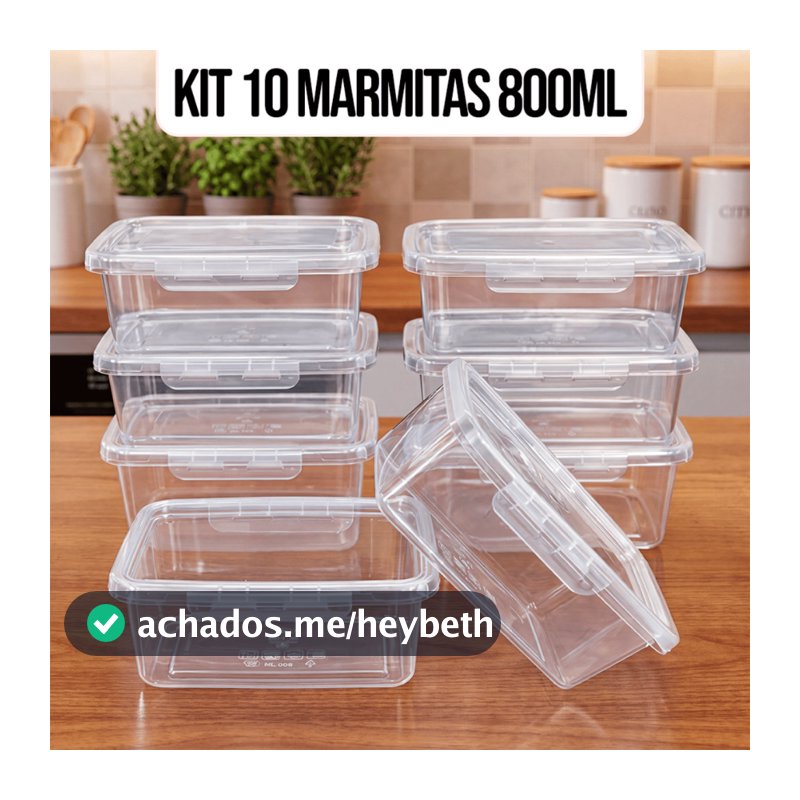 10 Marmitas Potes 800ml Travas Laterais hermeticas - Livres de BPA Alimentos organiza congelador - KAZIVA