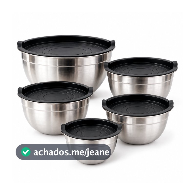 Kit 5 Bowls Tigelas Inox com Tampa para Cozinha Multiuso