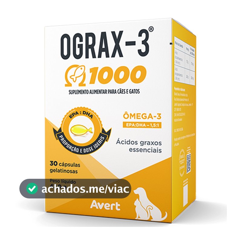 Ograx 3 1000mg Avert 30 Cápsulas Ômega 3 para Cachorro Gato