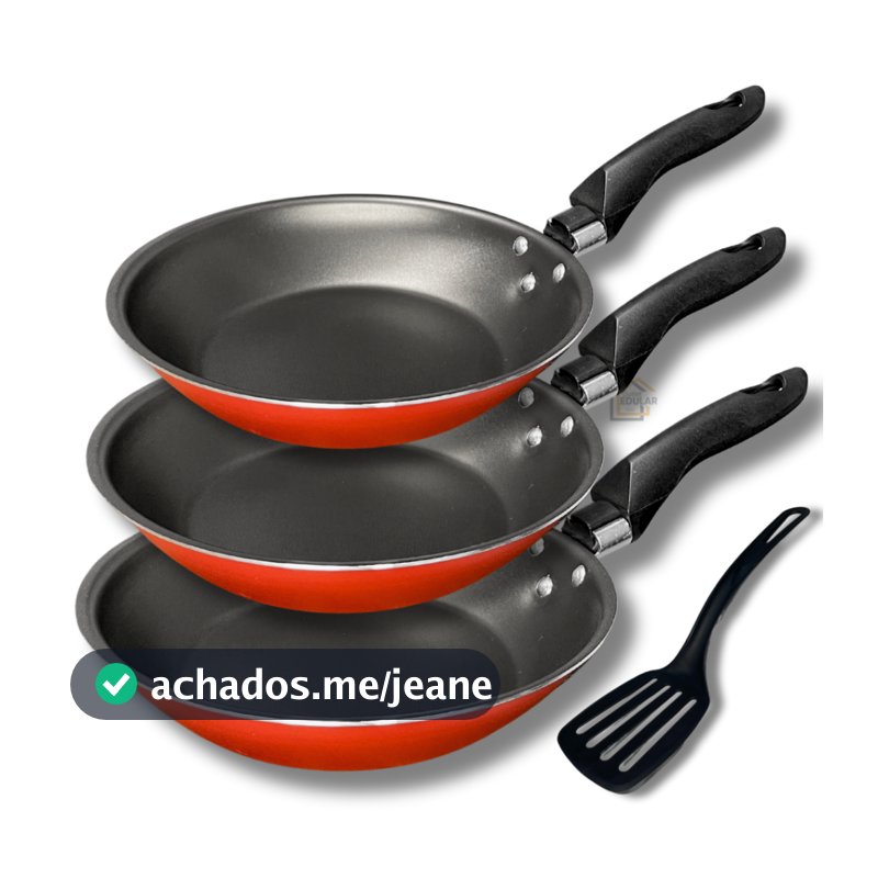 Kit Jogo Frigideiras 3 Peças 16 18 e 20 cm Francesa Antiaderente Teflon Espatula Nylon Cor Vermelho