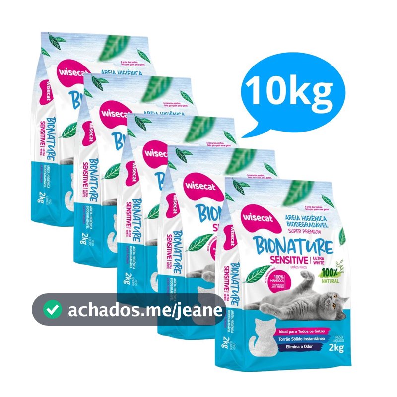 Areia De Mandioca Para Gatos Wisecat Bionature Sensitive Grãos Finos 2kg - Kit 5 Unidades