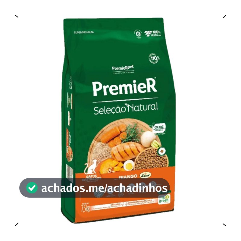RAÇÃO PREMIER SELEÇÃO NATURAL GATO CASTRADO 7,5KG