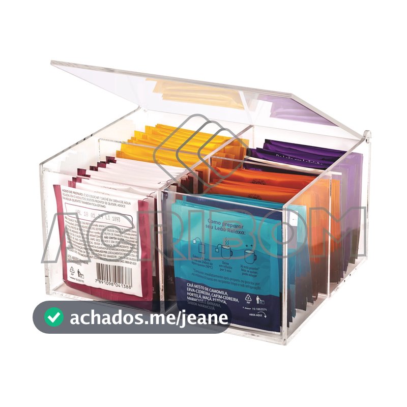 Caixa Porta Chá / Organizador de Sachês Com Divisórias 4 Compartimentos e Tampa Articulada em Acrílico Cristal / Transparente - Acribom
