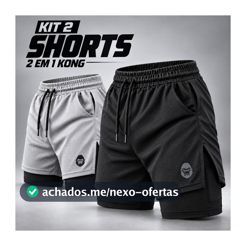 Kit 2 Shorts Masculino Kong 2 em 1 com Compressão, Bolso para Celular e Tecido Dry Fit