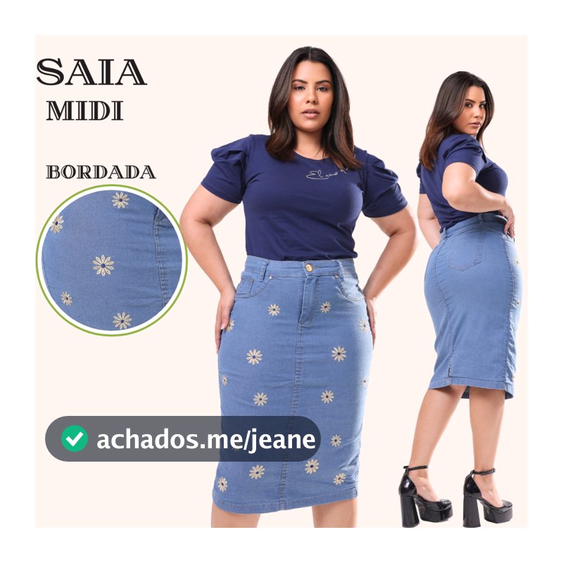 Saia Jeans Midi Evangelica Premium Com Lindo Bordado Na Cor Cristal Cintura Alta com Lycra