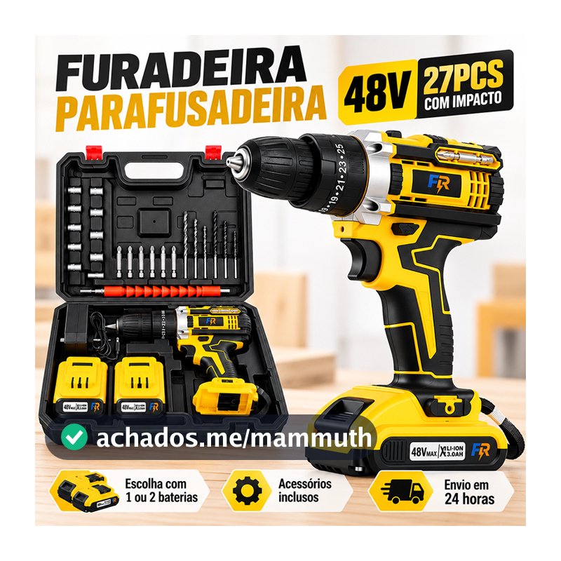 Parafusadeira Furadeira de Impacto 48V Sem Fio 3 Funções com Bateria e Maleta Kit de Acessórios