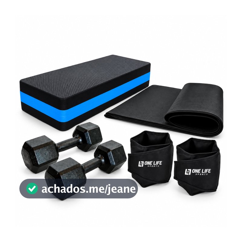 Kit Academia com Caneleiras 3kg, Step EVA, Halteres Sextavados 3kg e Colchonete para Musculação e Alongamento