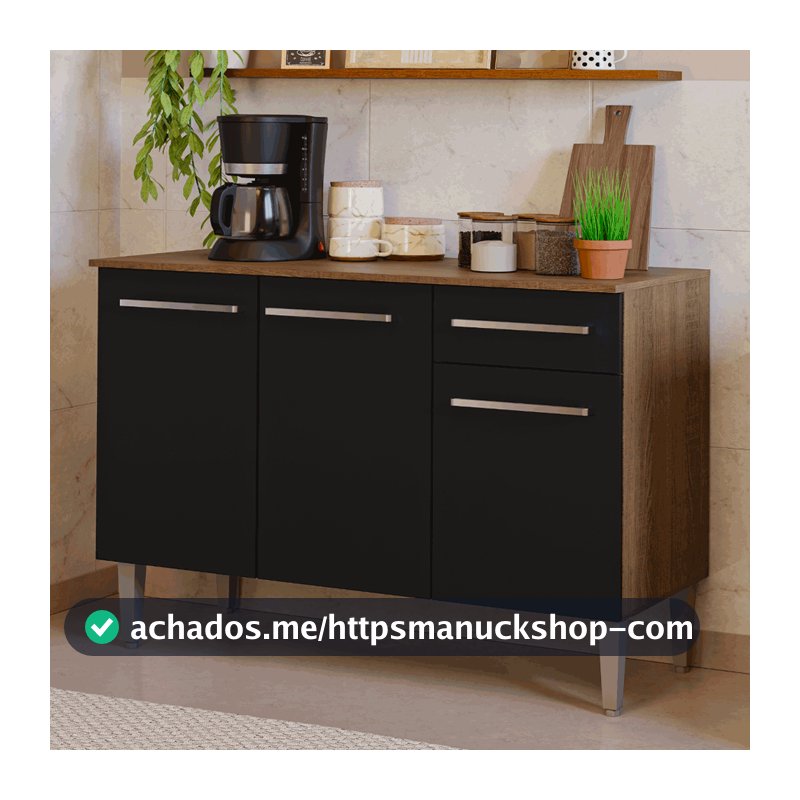 Balcão Gabinete Armário de Cozinha 3 Portas e 1 Gaveta Rustic/Preto Emilly Madesa