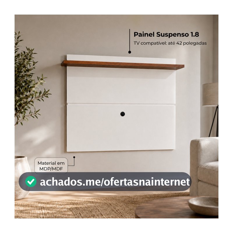 Painel Suspenso para TV até 42 Polegadas Vivare com Prateleira e Passa Fio Cor Off White Freijó