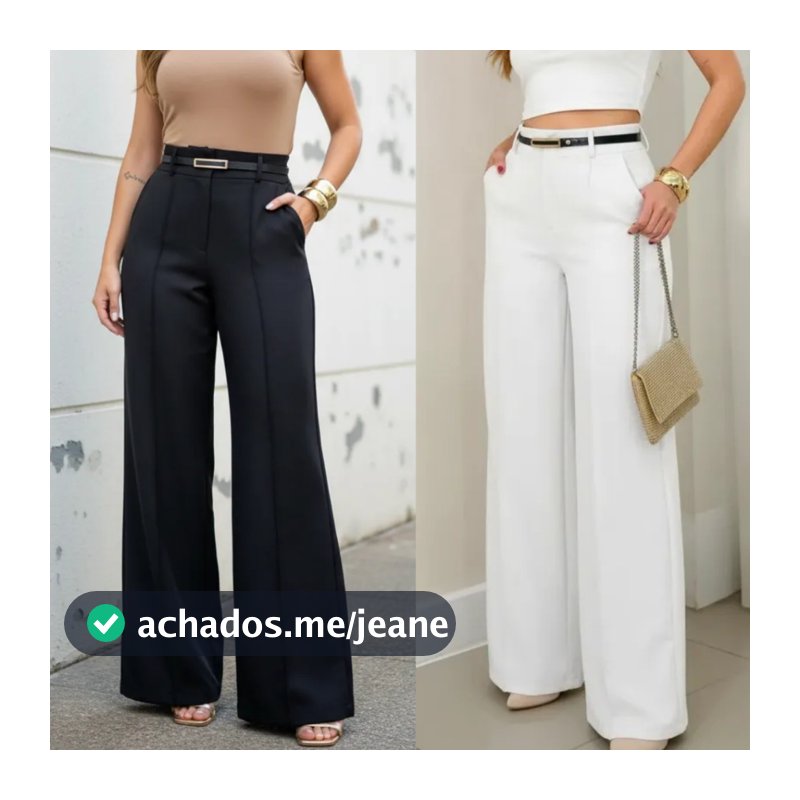 Calça Pantalona Alfaiataria Cintura Alta Com Cinto Zíper Lateral Feminina Social Elegante com Bolsos