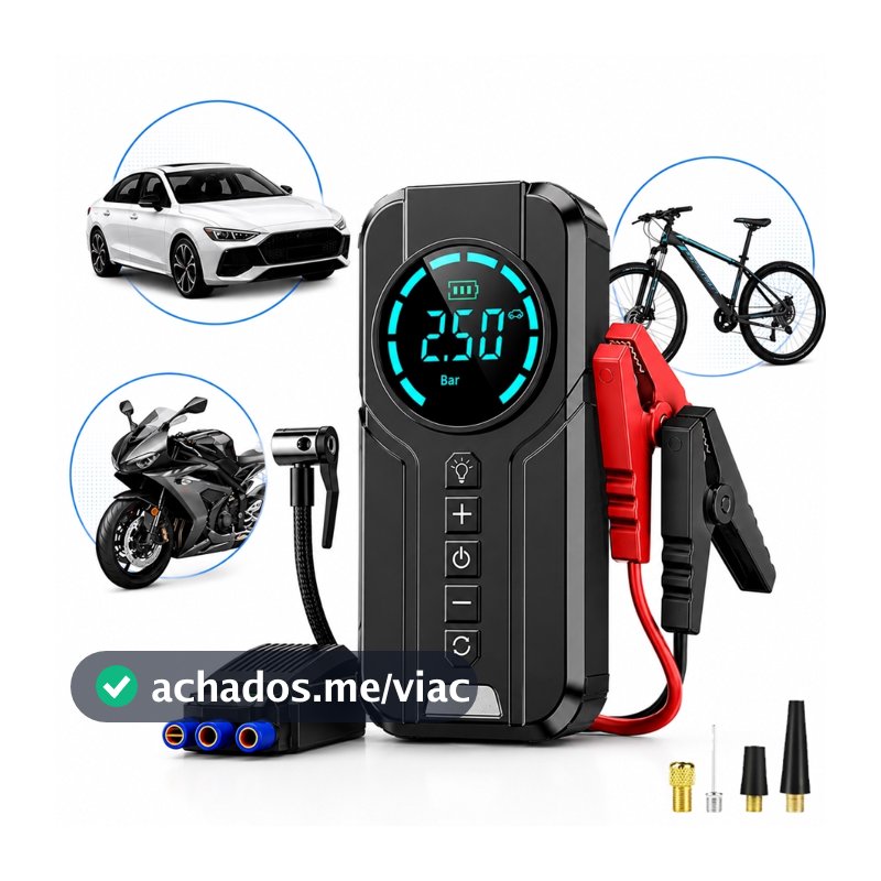 Auxiliar de Partida Carregador Bateria Com Compressor de Ar Emergência Portátil Veicular Automotivo
