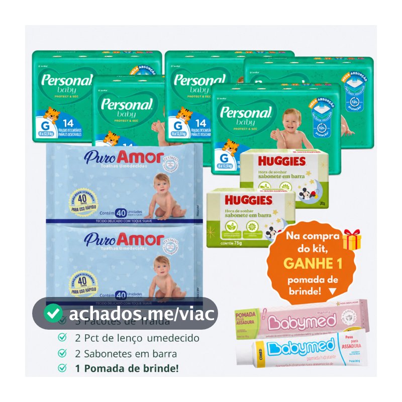 Kit 5 Pacotes Fralda  Descartável Personal Baby + 2 Lenço Umedecido + 2 Sabonetes + 1 Pomada de Assadura